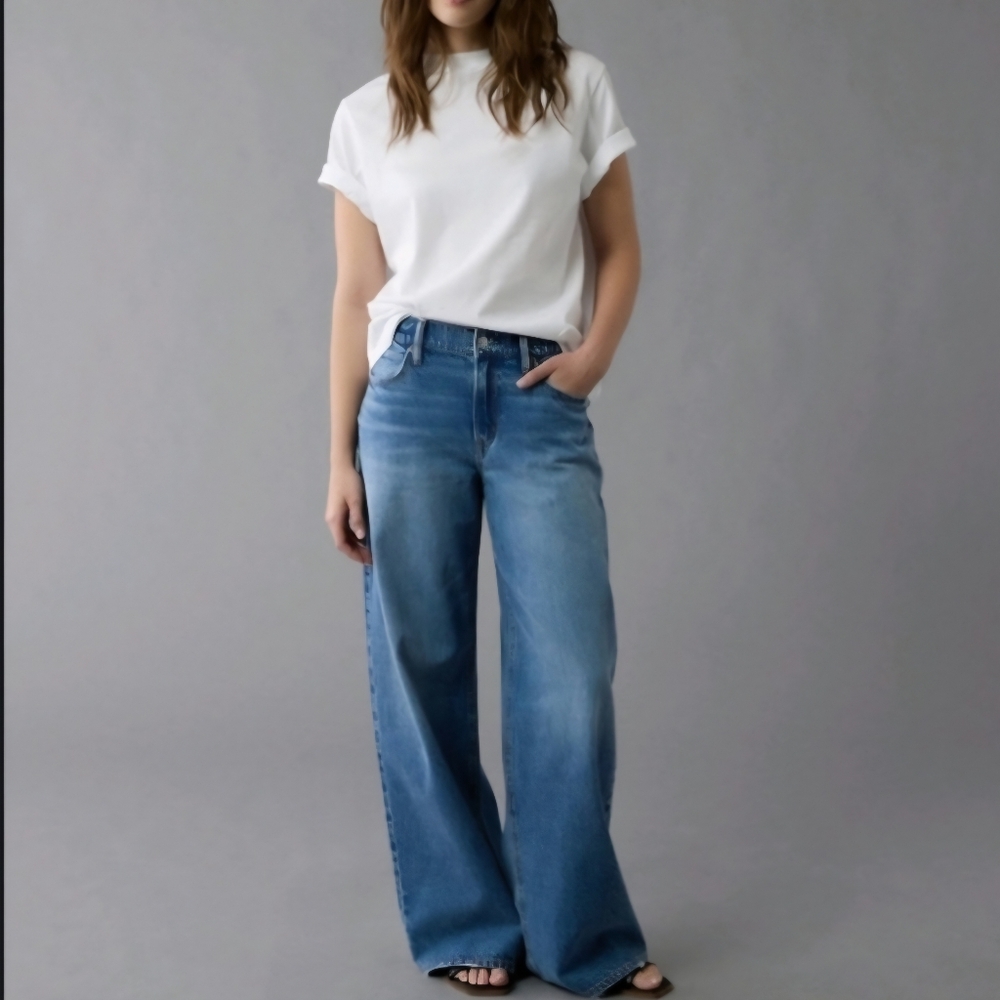 AMERICAN EAGLE Low-Rise Baggy Wide Leg Distressed Denim Jeans Women's SZ 14S